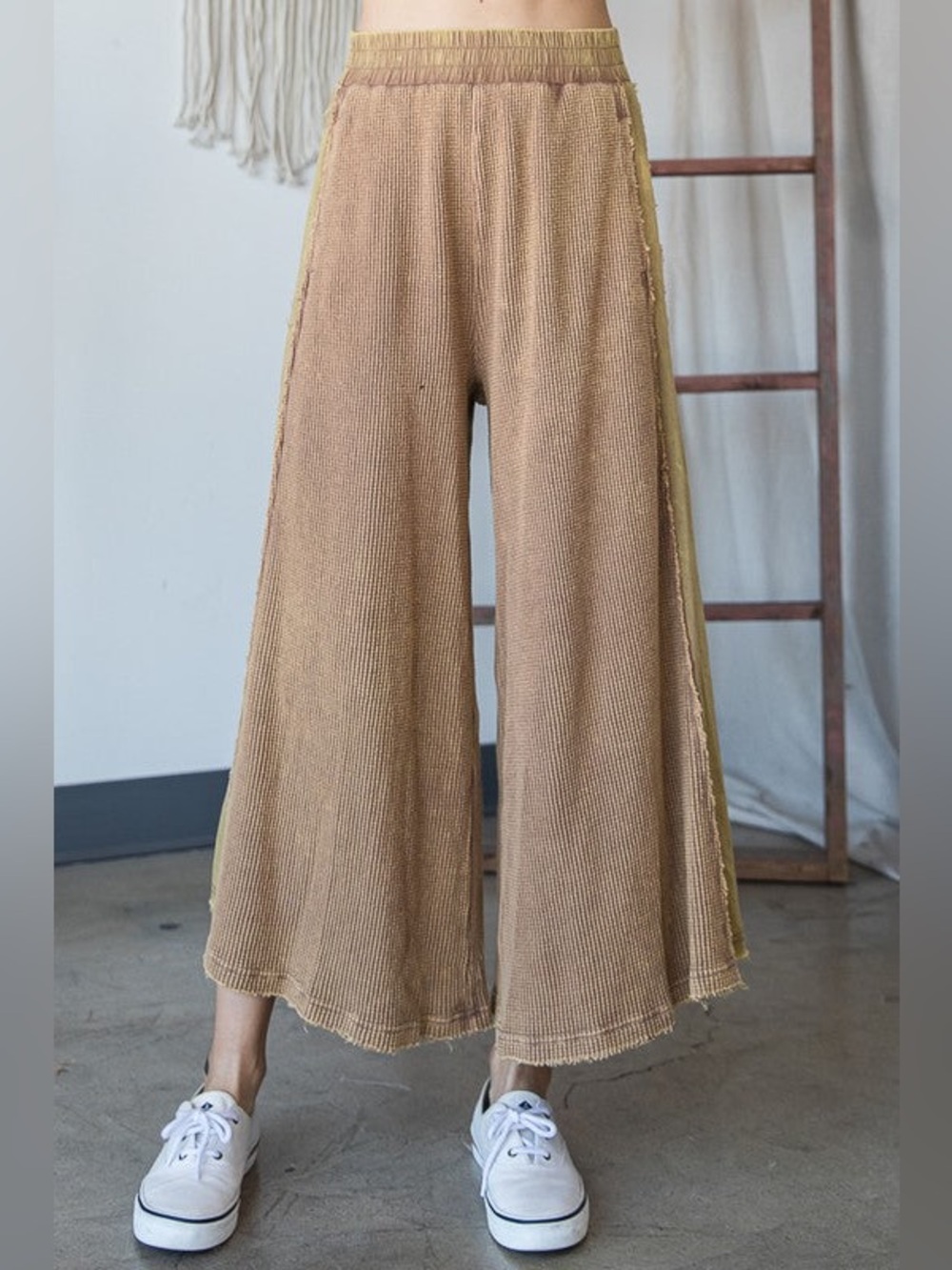Oli & Hali Cropped Wide Leg Waffle Pants Washed Mocha Boho Relaxed Size Small